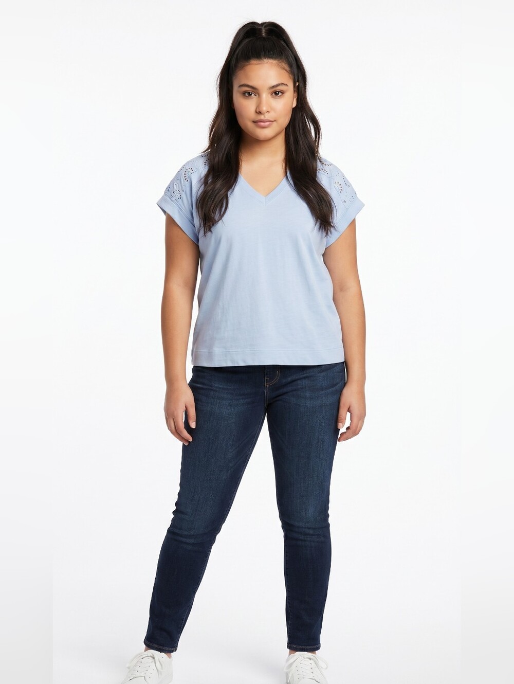 Boho Jane & Delancey Blue Cotton Blend Tee V-Neck Eyelet Shoulder Details Sz 1X